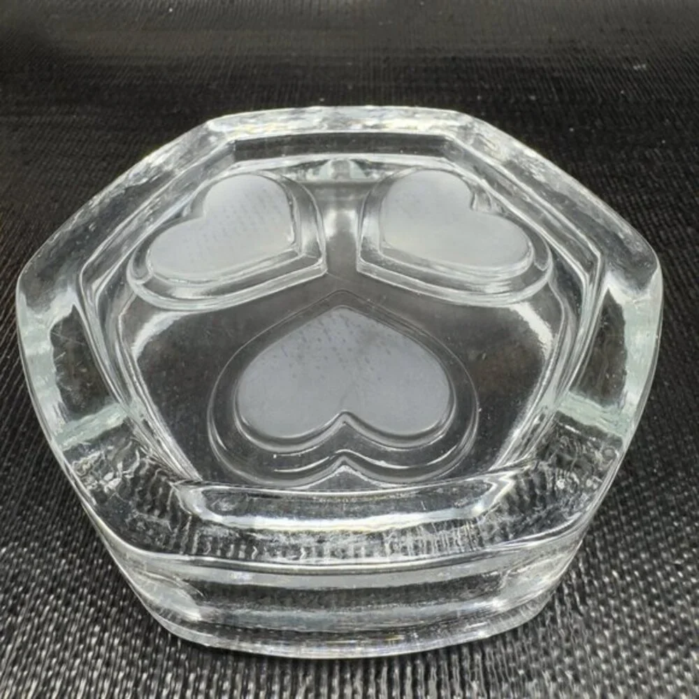 Vintage Scandinavian Clear Glass Dish Bowl Ashtray With Frosted Satin Hearts VTG